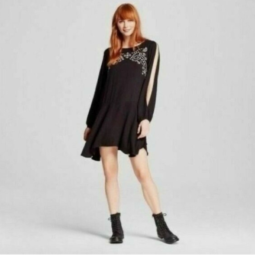 Xhilaration Black Boho Embroidered Small Mini Dress Drop Waist Long Sleeve Goth